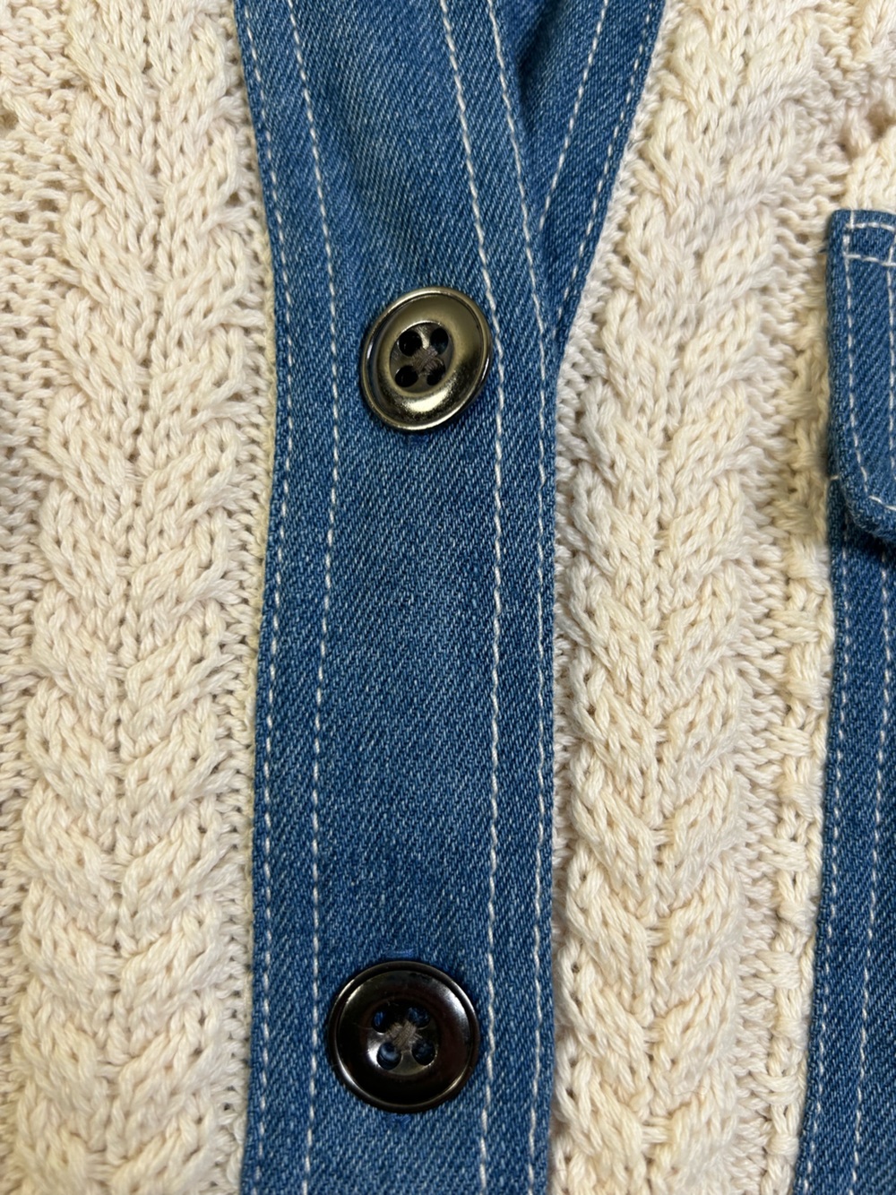 SUNDANCE Mixed Media Denim Trim Cable Knit Cardigan Cream Blue Women L - Picture 4 of 10